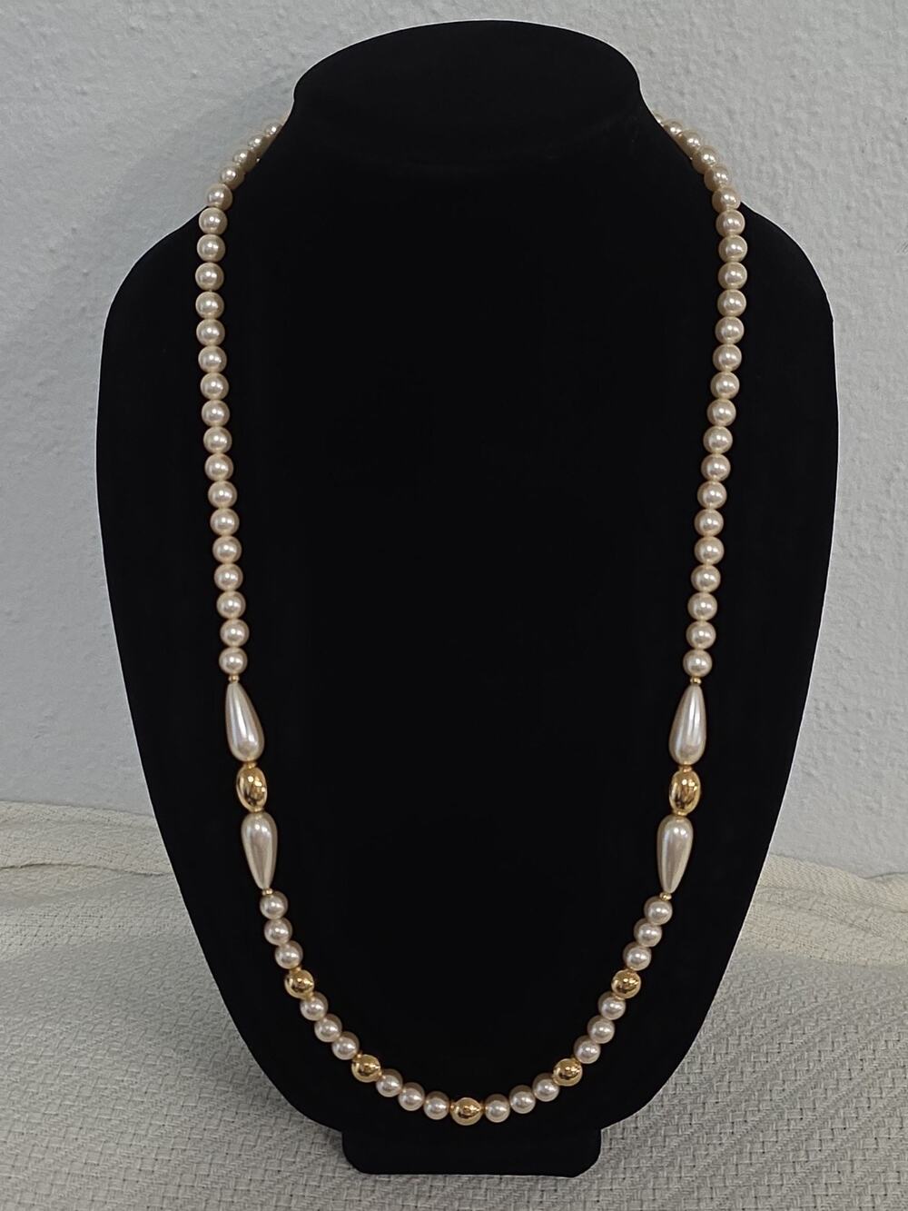 Vintage Napier Signed Beaded Necklace Creamy Off White Faux Pearls Gold Tone 30"